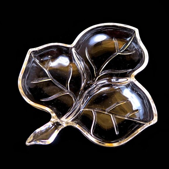 Hazel-Atlas Leaf Clear 8" 3-Part Relish Dish - Mid-Century Figural Glassware - Picture 1 of 4